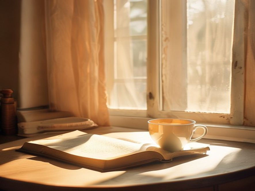 Rustige werkplek met thee en boek in warme gouden licht